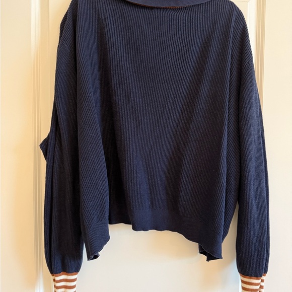 Callahan Navy V-Neck Women's Sweater with Striped Accents - Picture 2 of 2